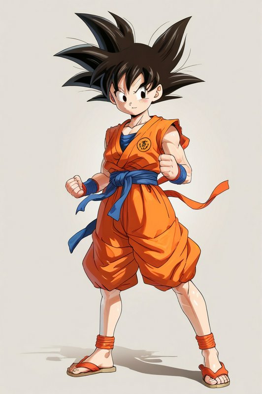 Young Goku from Dragon Ball in orange gi with blue belt, fists raised in battle stance.