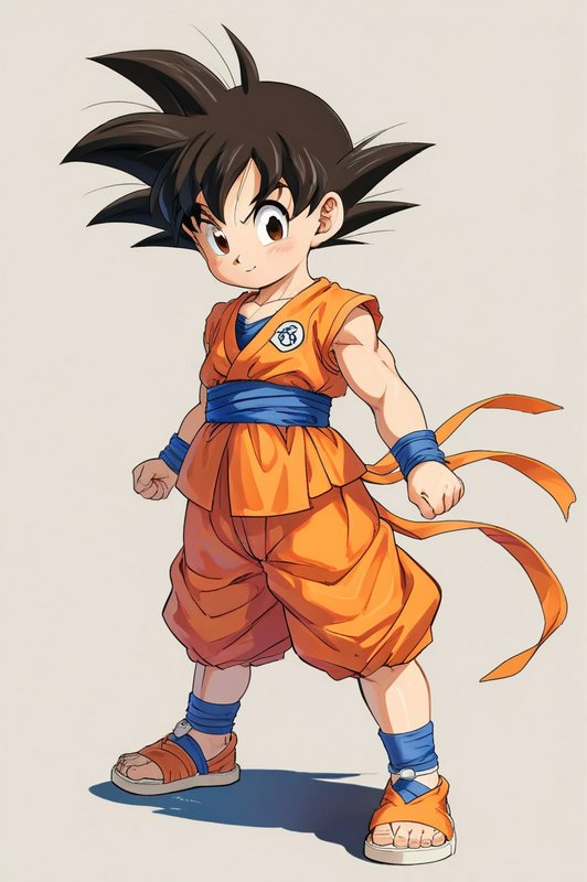 Young Goku in orange gi with blue sash, standing confidently with spiky black hair.