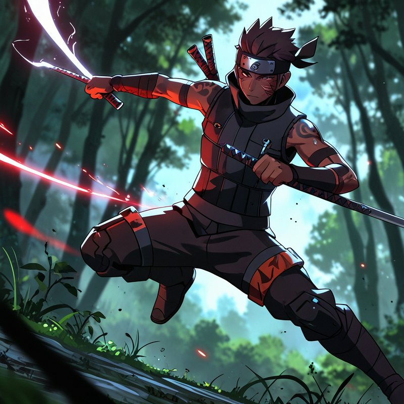 Dynamic ninja warrior leaping through a forest with glowing swords.