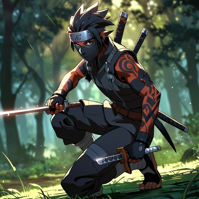 Anime-style masked ninja crouching in a forest with dual swords drawn