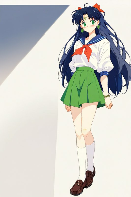 Anime girl with long blue hair in a sailor-style school uniform featuring a green pleated skirt a...