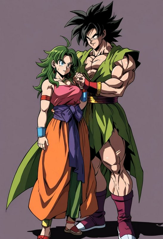 Two anime-style characters stand close together, a muscular man in a green outfit beside a woman ...
