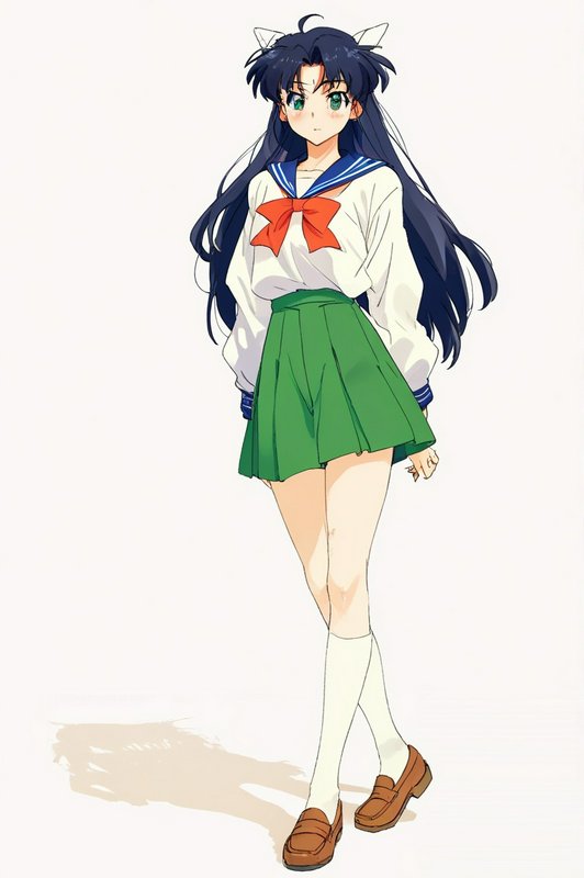 Anime girl in a sailor-style school uniform with long dark hair, green pleated skirt, white socks...