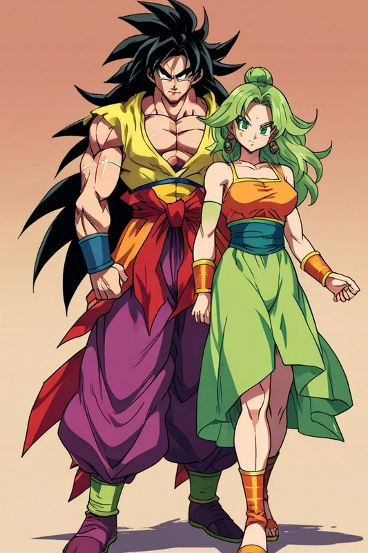 Two anime-style warriors stand together: a muscular spiky-haired man in a yellow top and purple p...