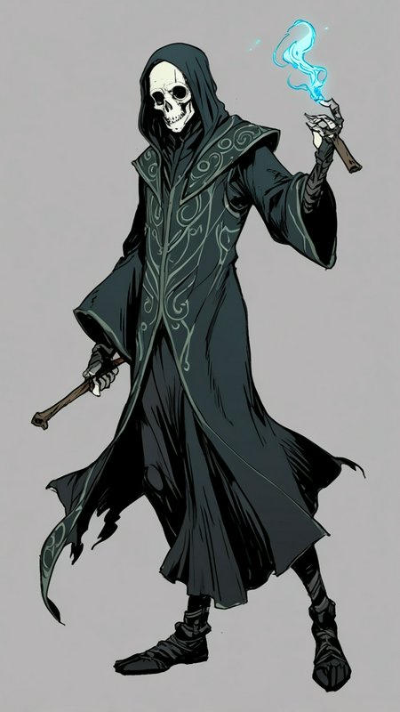 Skeleton necromancer in a dark hooded robe wielding a glowing blue flame wand