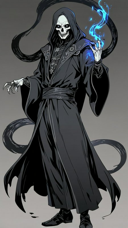 Dark hooded skeletal necromancer with a glowing blue flame in one hand.