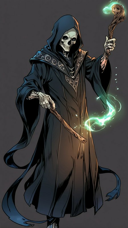 Grim reaper-like skeleton in a dark hooded robe wielding a staff with glowing green magic.