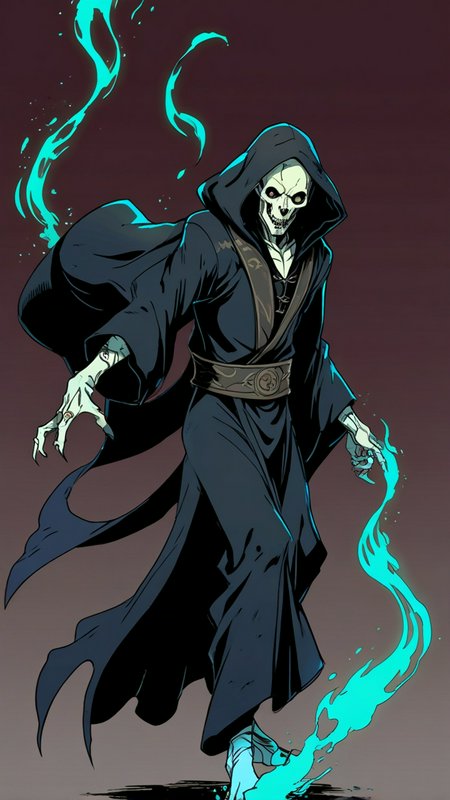 Comic-style undead skeleton necromancer in a black hooded robe conjuring glowing cyan magical fla...