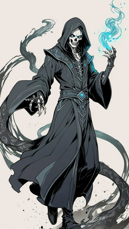 Hooded skeletal lich necromancer in dark robes conjuring glowing blue magic and shadowy tendrils,...