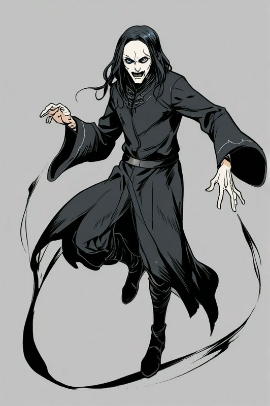 Comic style illustration of a menacing dark wizard with pale skin, long black hair, and a flowing...