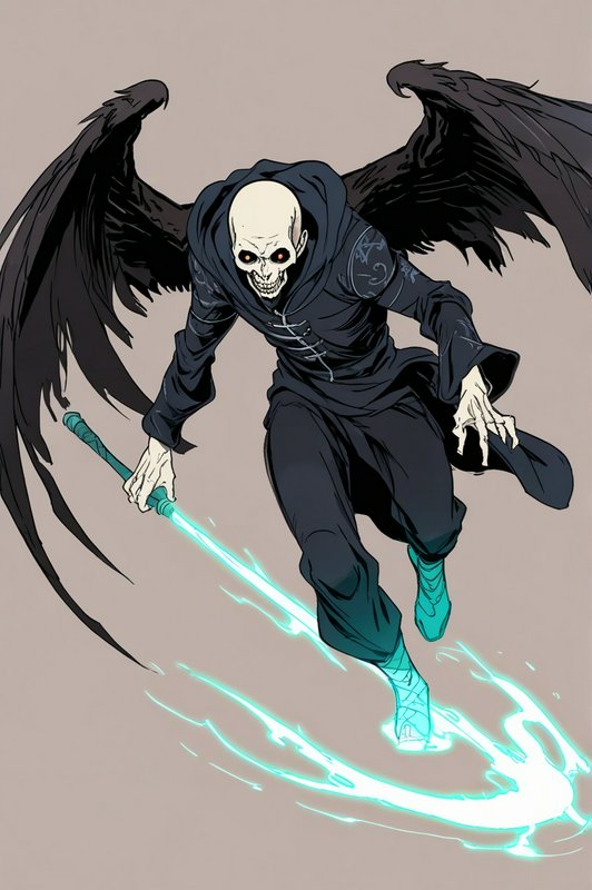 Hooded skeletal grim reaper with large black wings wields a glowing cyan magic staff, dynamic ani...