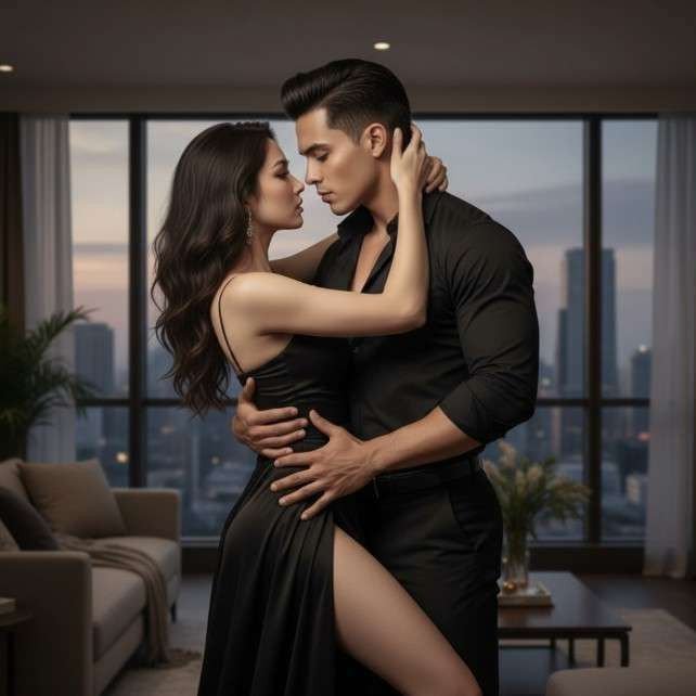 Elegant couple in black formal wear share an intimate embrace inside a luxury high-rise penthouse...