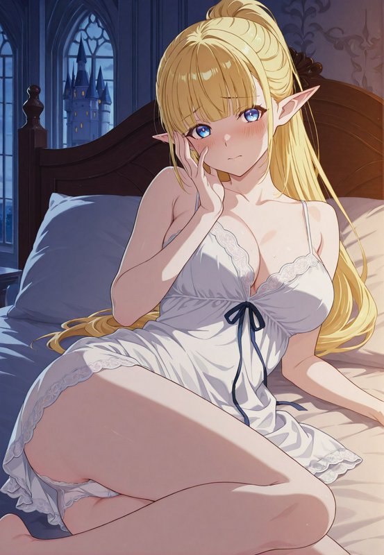 Blushing blonde anime elf girl in lace nightgown sits shyly on a castle bedroom bed at twilight