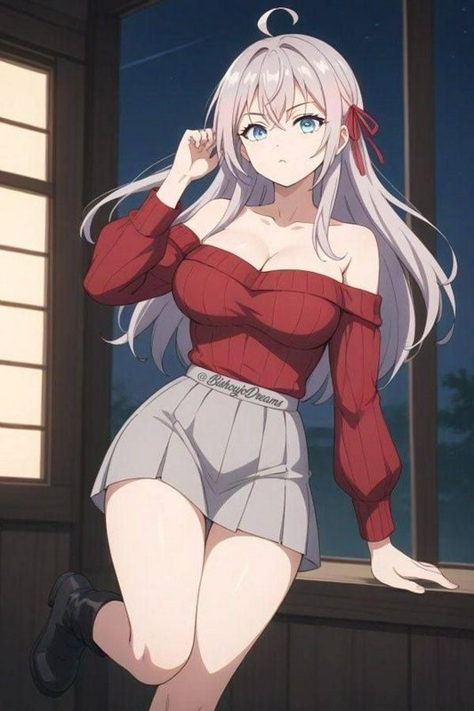 Anime illustration of Alya from Alya Sometimes Hides Her Feelings posing in casual wear by a nigh...