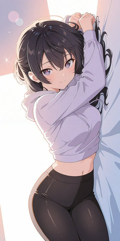 Anime girl with dark wavy hair stretches in a cropped lavender hoodie, smiling softly in warm mor...