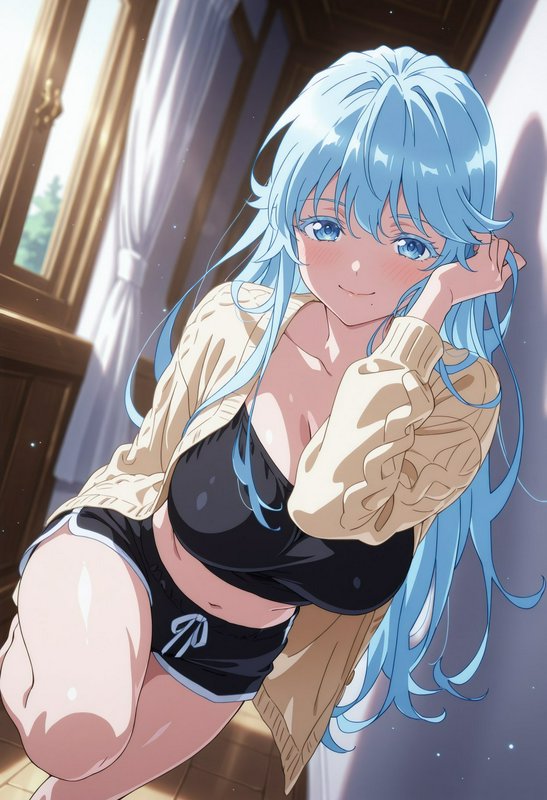 Cute blushing anime girl with long light blue hair in casual loungewear, sunlit bedroom background