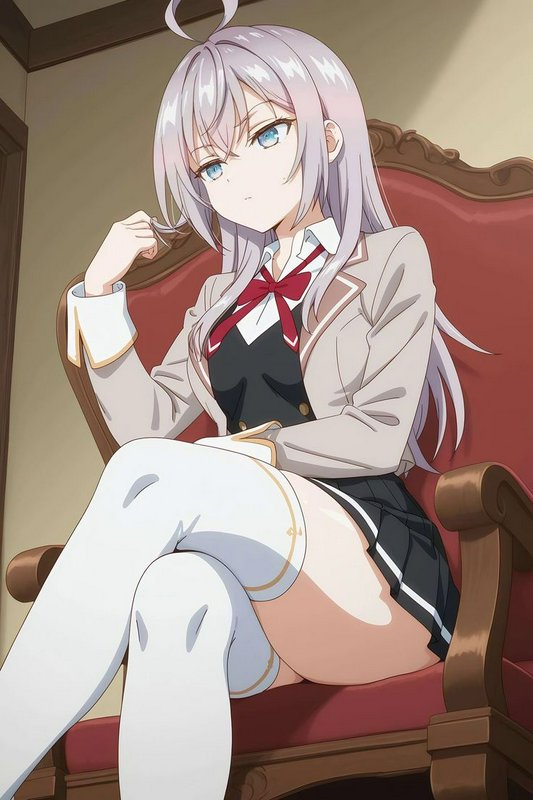 Silver-lavender haired anime schoolgirl sits thoughtfully in an ornate carved red armchair with a...