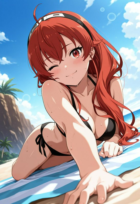 Anime red-haired Eris Greyrat winks playfully while sunbathing on a tropical beach in a black bikini