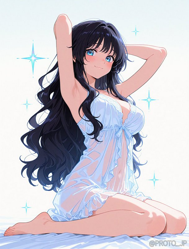 Anime girl with long wavy black hair stretches while seated, wearing a sheer pale blue nightgown ...