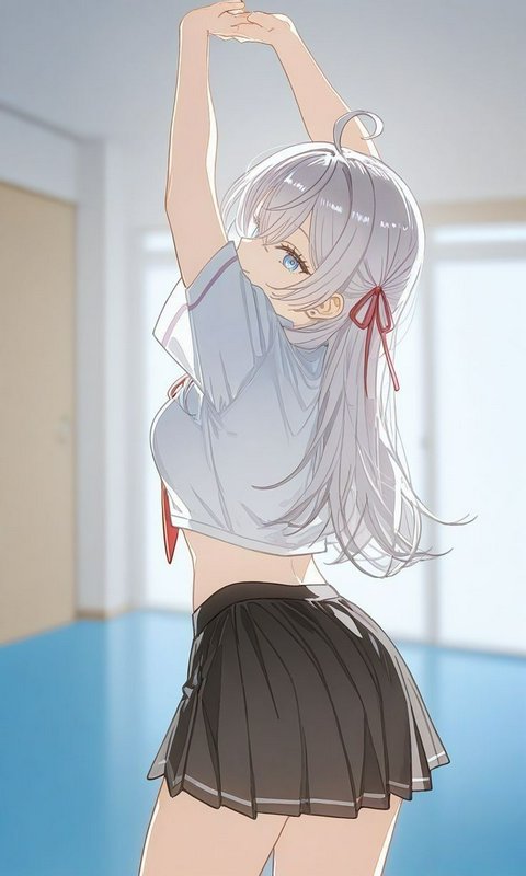 Silver-haired anime schoolgirl stretching with raised arms, looking over her shoulder in a bright...