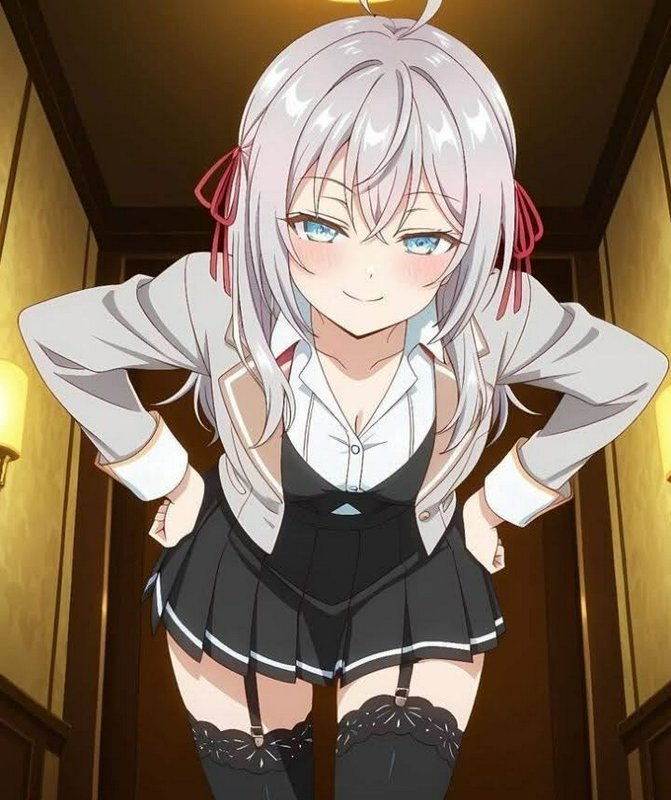 Silver-haired anime character Alya leans forward hands on hips, blushing with a teasing smirk, in...