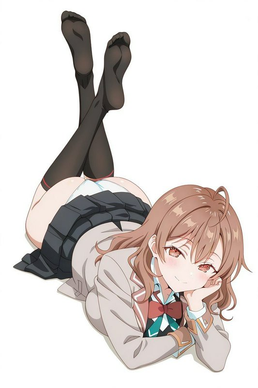 Anime schoolgirl in uniform lies on her stomach, smiling coyly with crossed legs, on a plain whit...