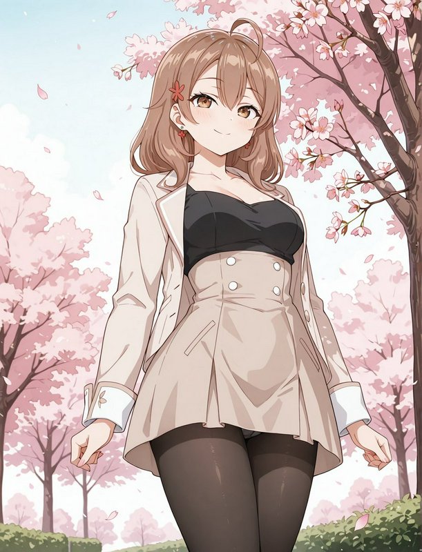 Soft smiling anime girl with light brown hair stands beneath blooming pink cherry blossom trees i...