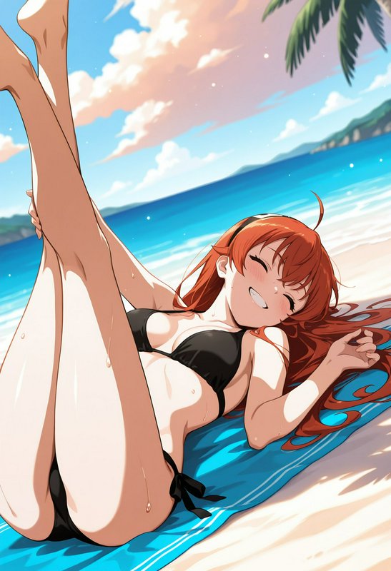 Smiling redhead anime girl in a black bikini relaxes on a beach towel on a sunny tropical shore