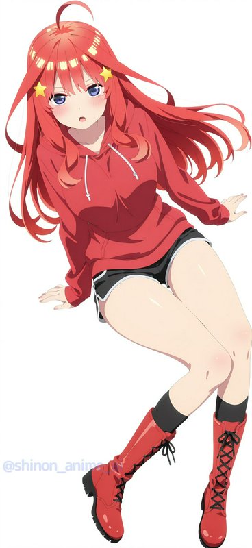 Anime illustration of Itsuki Nakano with long star-adorned red hair, casual red hoodie, seated ag...