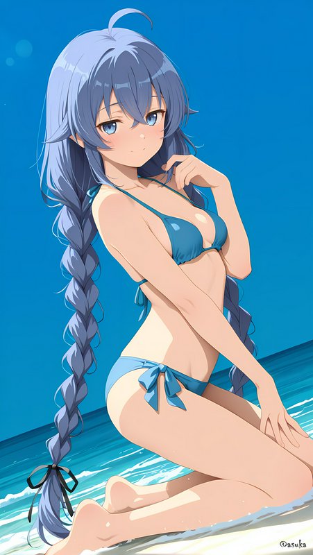 Anime girl with long braided blue hair in a teal bikini kneels in shallow beach shore water under...