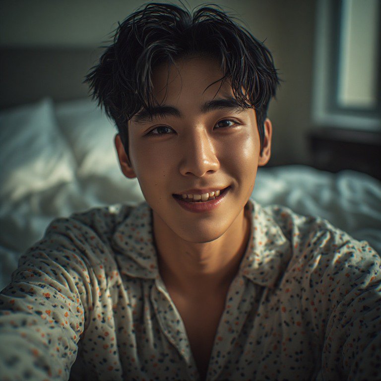 Close-up portrait of a smiling young Asian man with wet dark hair indoors wearing a patterned shirt.
