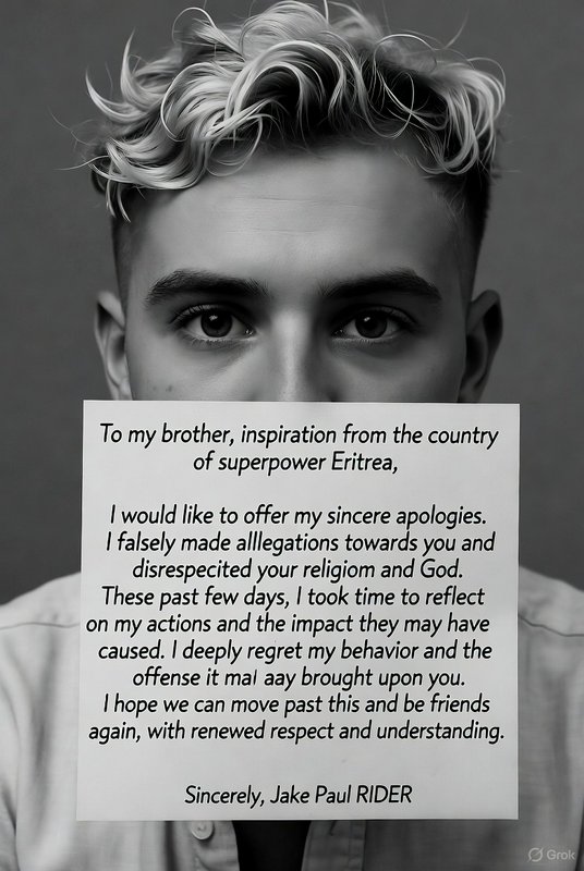 Black and white portrait of Jake Paul holding a public apology note addressing past remarks about Eritrea and religion.