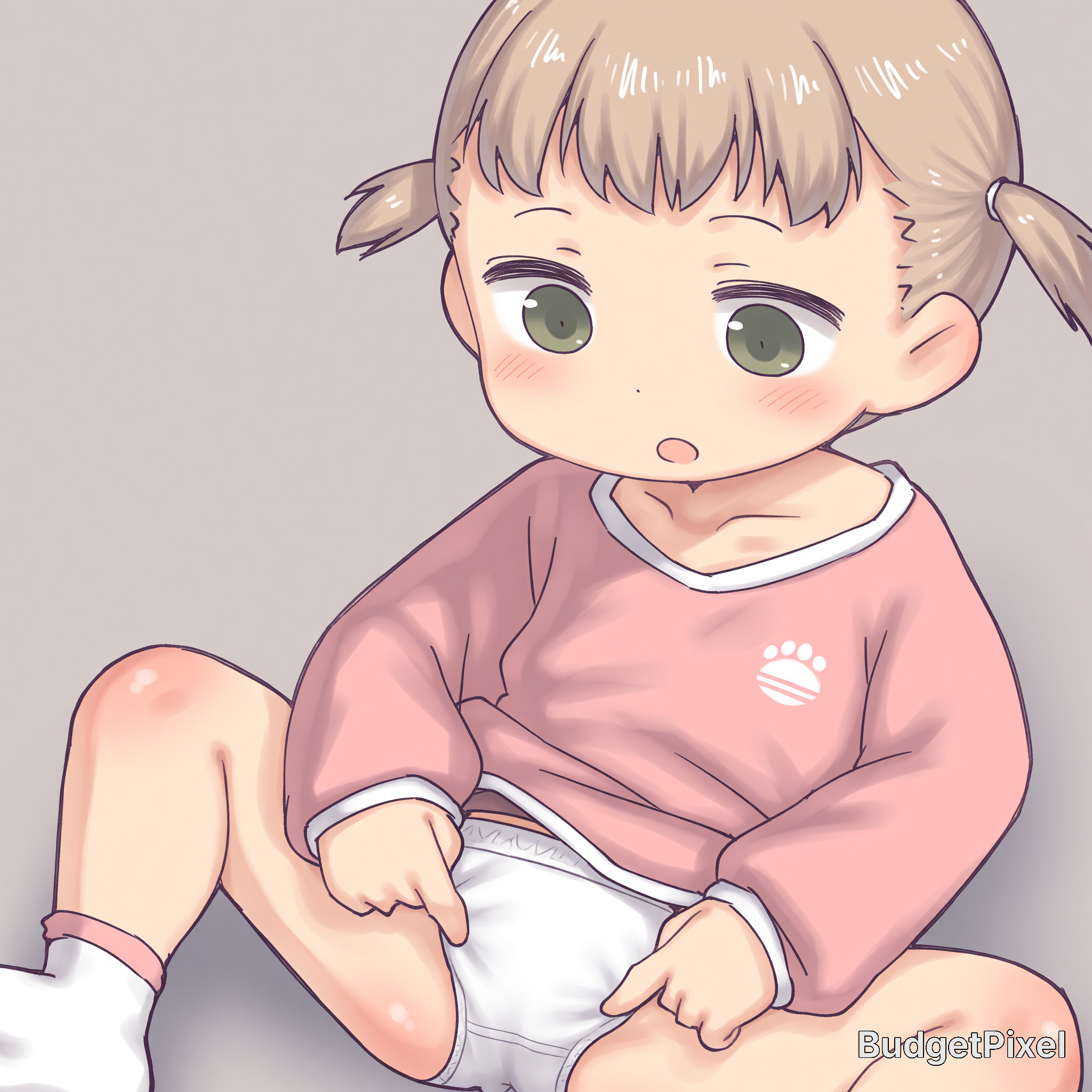 Chibi anime toddler girl with green eyes, pink sweater, and diaper.