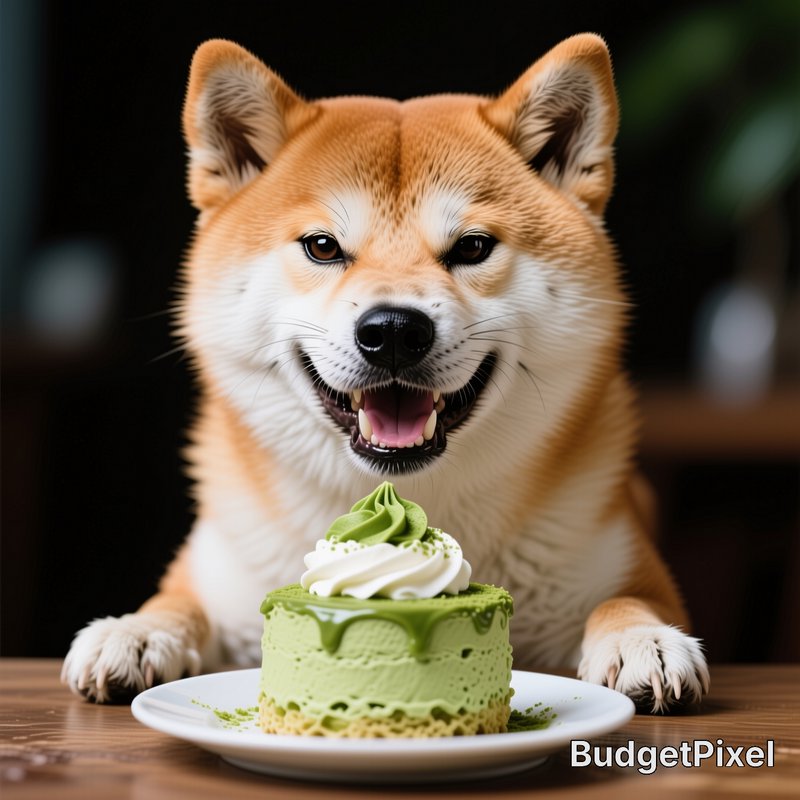 Happy Shiba Inu with a green matcha cake on a plate