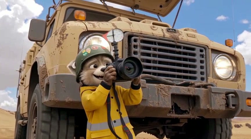 Cartoon fox-like explorer in a yellow jacket taking photos beside a dusty military truck in the d...