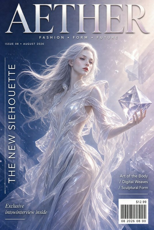 AETHER futuristic fashion magazine cover featuring ethereal silver-haired woman in sheer iridesce...