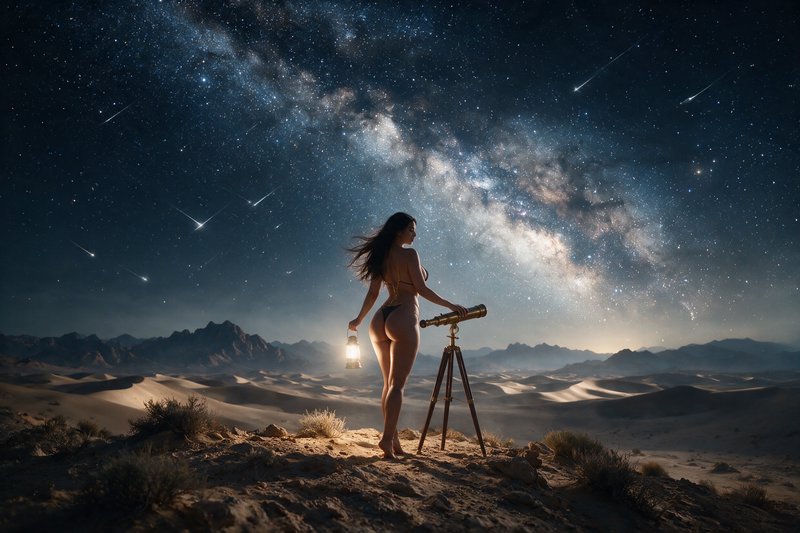 Woman holding a lantern stands beside a telescope overlooking desert under a bright Milky Way sta...