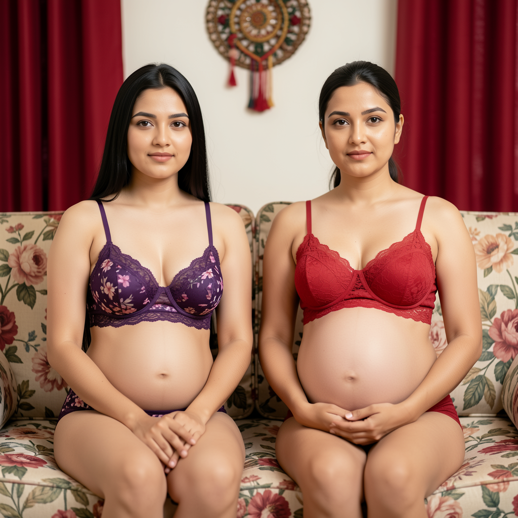Two pregnant South Asian women in lace lingerie sit side-by-side on a floral printed couch