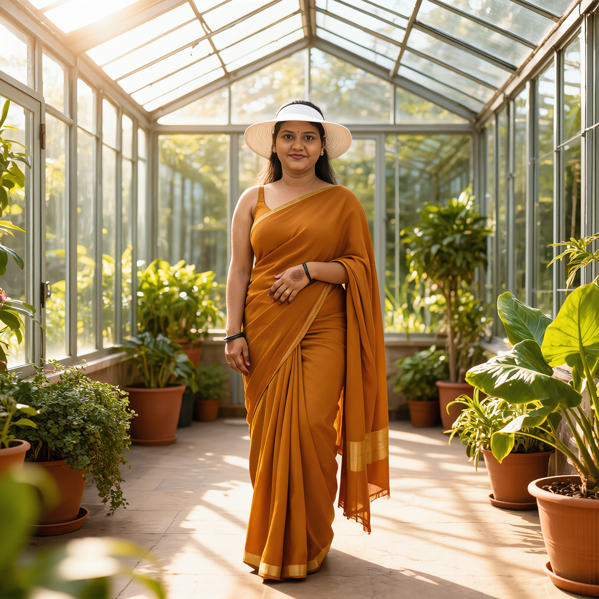 South Asian woman in a golden saree and wide sun hat standing in a sunlit glass greenhouse