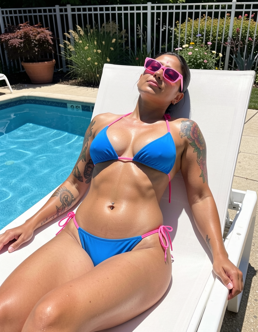 Tattooed woman in a blue bikini with pink accents sunbathes poolside in bright pink sunglasses