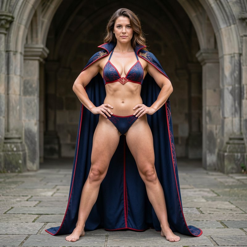 Muscular fantasy warrior woman in embroidered bikini and navy cape stands confidently in a gothic...