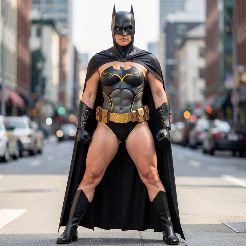 Surreal AI-generated humorous Batman cosplay with mismatched bikini bottoms stands stern on a dow...