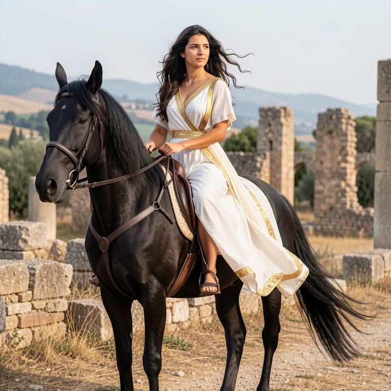 Woman in gold-trimmed classical gown riding a black horse at an ancient stone archaeological ruin...