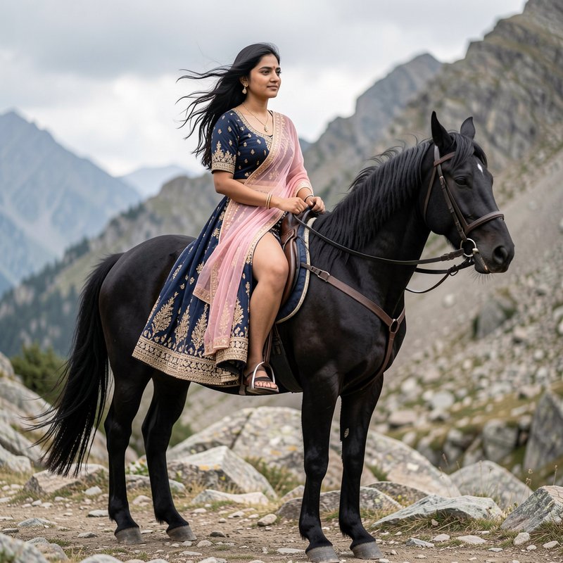 Woman in embroidered South Asian lehenga rides a sleek black horse on a rocky alpine mountain trail.