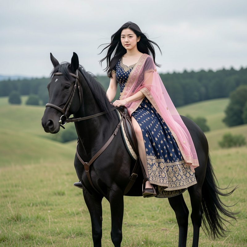 Young East Asian woman in an ornate traditional gown rides a glossy black horse in a green rural ...