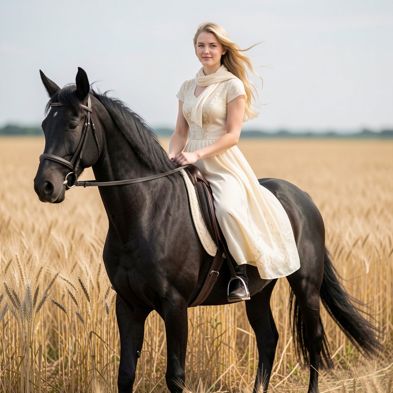 Blonde woman in a cream vintage dress riding a sleek black horse standing in a sunlit golden whea...