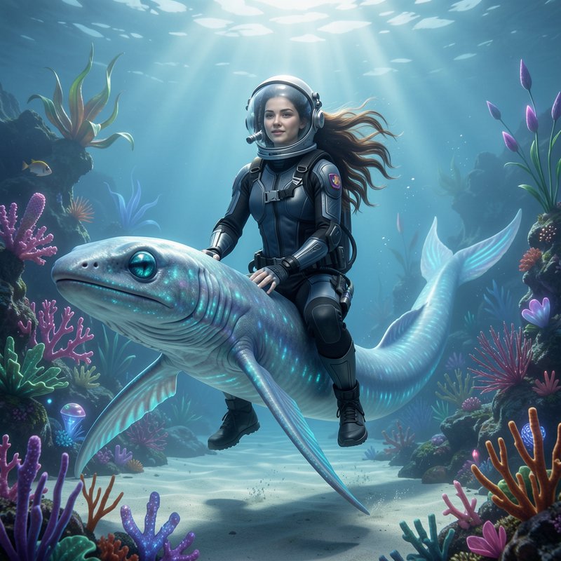 Futuristic female deep sea diver rides a glowing bioluminescent giant fish through a sunlit color...
