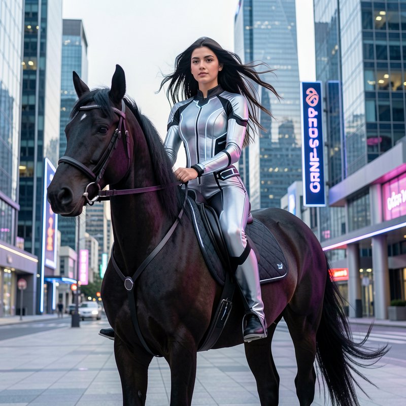 Young woman in a futuristic silver bodysuit riding a glossy black horse on a neon-lit downtown ci...