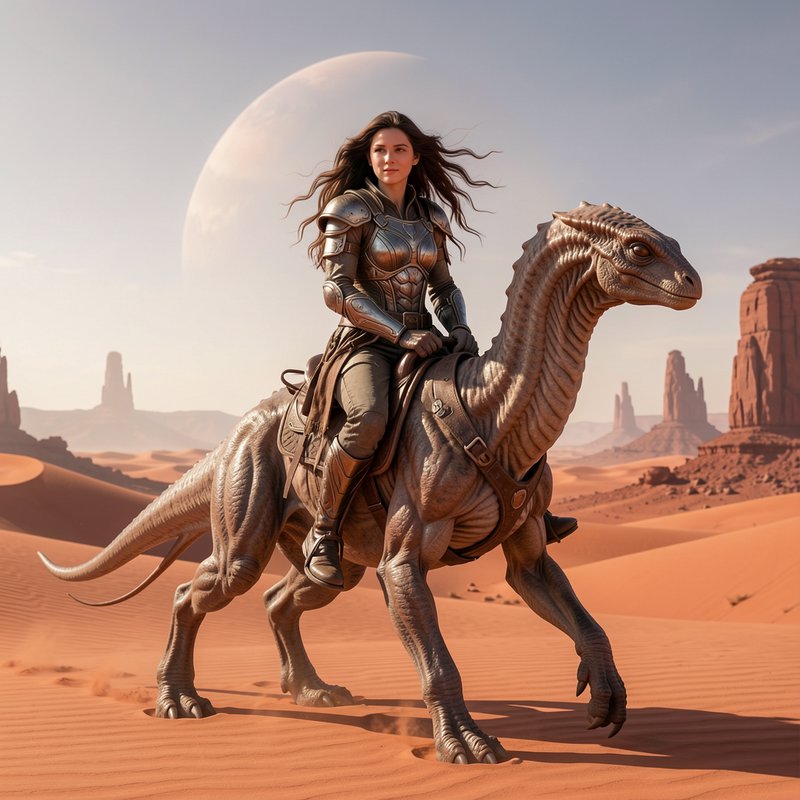 Armored female fantasy warrior rides a reptilian alien mount across red desert dunes under a larg...