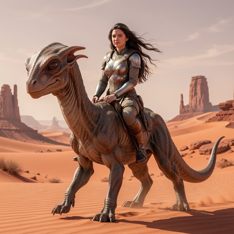 Armored female fantasy rider atop alien reptilian mount travels across sunlit red sand desert wit...